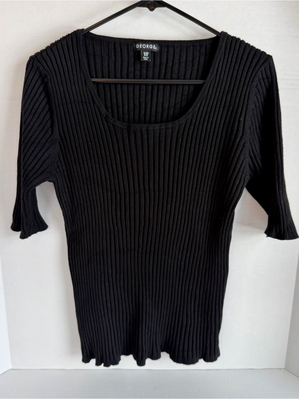 George Black Ribbed Scoop Neck Sweater Top with 3/4 Length Sleeves XL 16/18